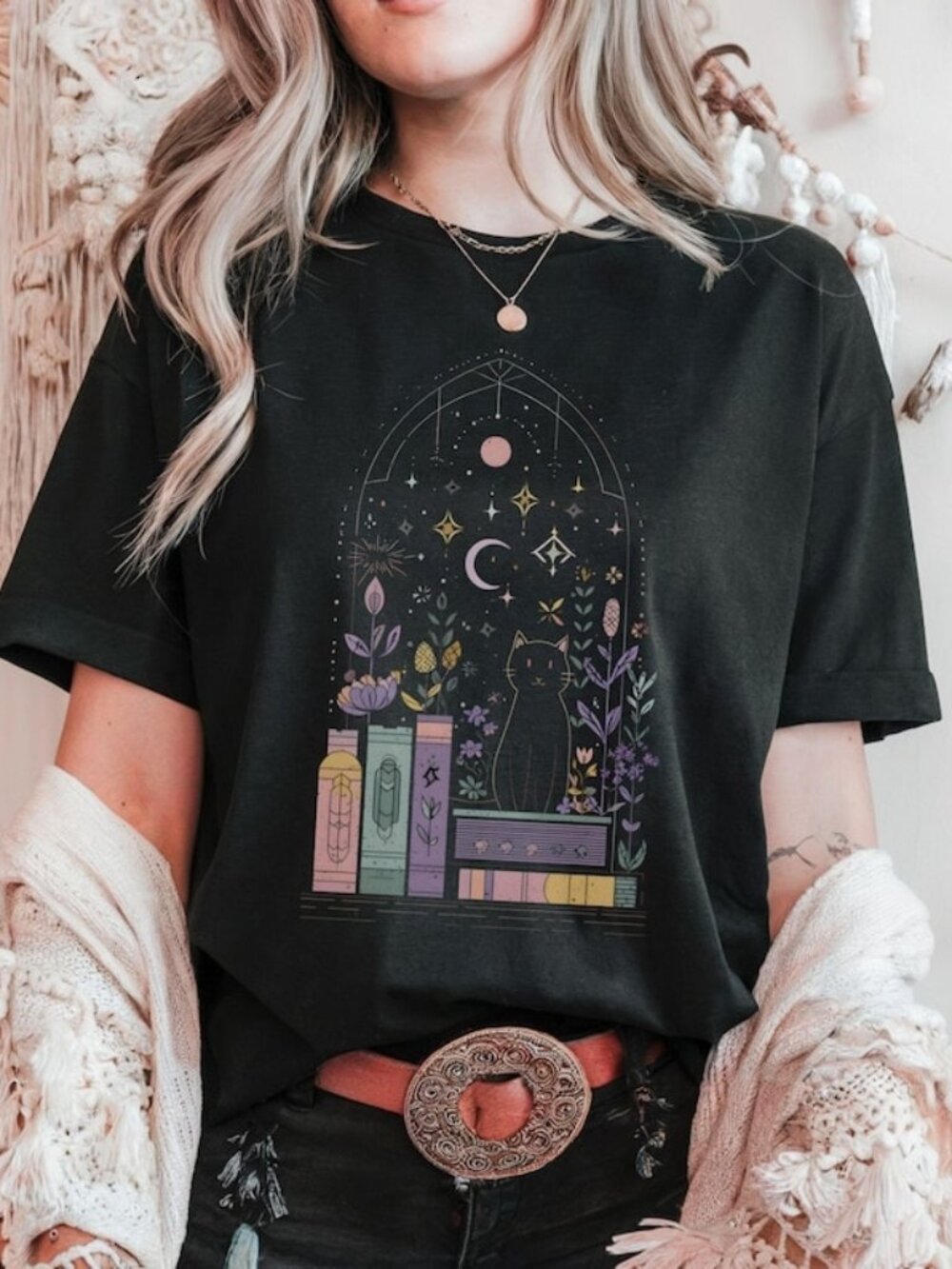 Mystical Cat Moon Stars Graphic Tee, Witchy Dark Academia Shirt